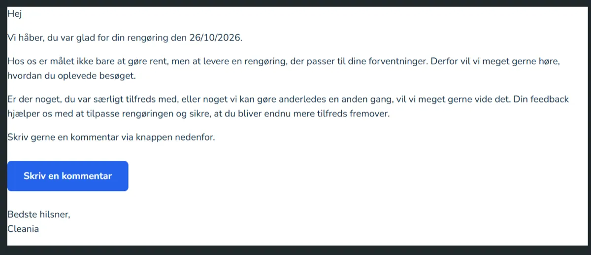 Automatisk feedback-mail efter rengøring fra Cleania