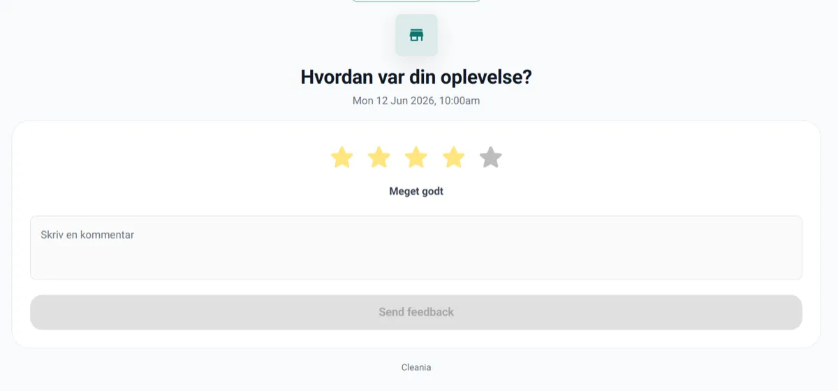 Bedømmelsesside hvor kunder vurderer Cleanias rengøring
